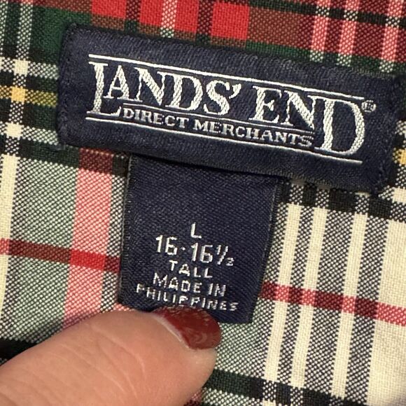 LANDS END Mens Shirt Large Tall Red Green Christmas Plaid Button Up Long Sleeve - Picture 10 of 11